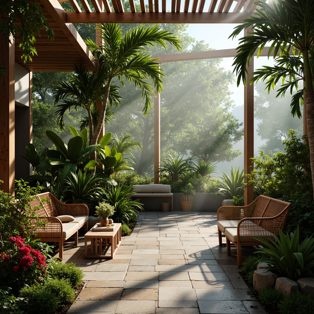 Prompt: Lush tropical plants, exotic flowers, natural stone floors, wooden trellises, rattan furniture, warm misty atmosphere, soft diffused lighting, large glass windows, modern minimalist decor, automated irrigation systems, humid climate control, vibrant colorful accents, intricate leaf patterns, serene ambiance, shallow depth of field, 1/1 composition, realistic textures, ambient occlusion.