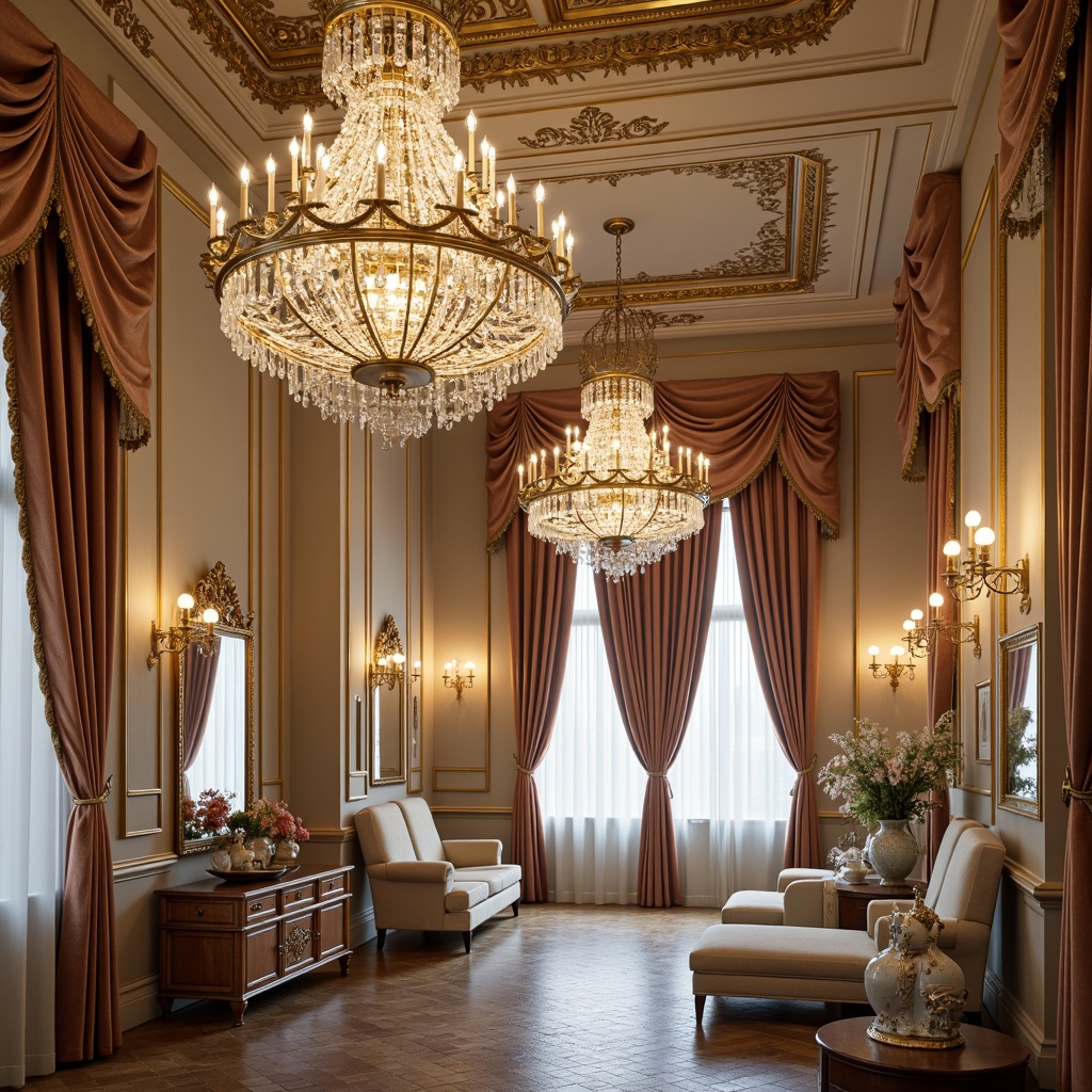 Prompt: Ornate chandeliers, crystal droplets, gilded metalwork, intricate carvings, soft warm glow, luxurious fabrics, velvet drapes, ornamental mirrors, delicate porcelain vases, antique furnishings, curved lines, shell-shaped motifs, pastel color palette, French neoclassicism, opulent decorative accents, lavish ceiling details, subtle ambient lighting, 1/1 composition, shallow depth of field, realistic reflections.