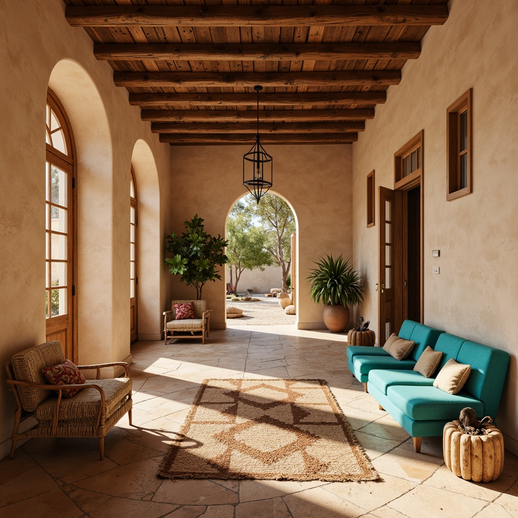 Prompt: Earthy community center, southwestern vibes, warm beige walls, sandy stone floors, vibrant turquoise accents, rich wood tones, woven textiles, natural fiber rugs, cozy seating nooks, rustic wooden beams, pendant lanterns, soft warm lighting, shallow depth of field, 3/4 composition, panoramic view, realistic textures, ambient occlusion.