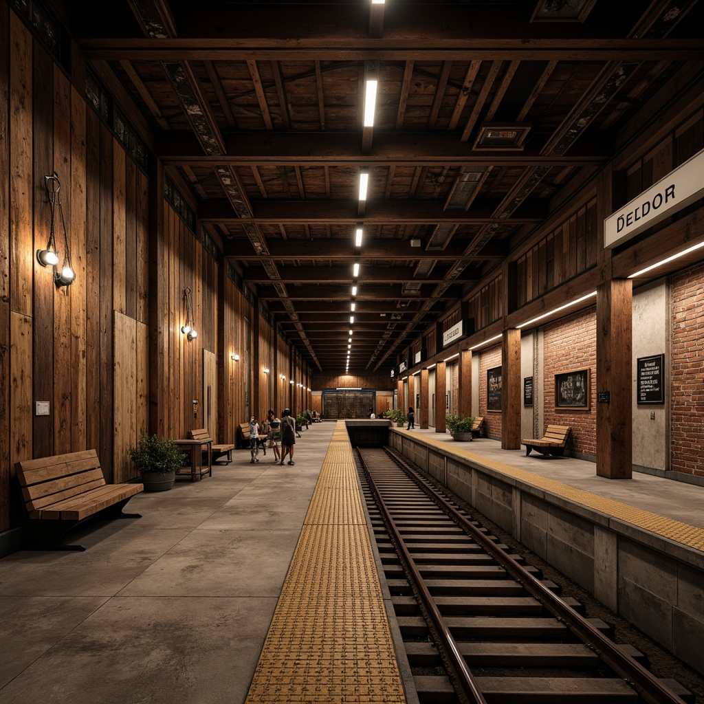 Prompt: Rustic metro station, distressed wood planks, industrial metal beams, exposed brick walls, worn stone floors, reclaimed wood accents, vintage metal signs, dim warm lighting, shallow depth of field, 3/4 composition, panoramic view, realistic textures, ambient occlusion, rough-hewn granite pavers, matte concrete finishes, weathered steel panels, earthy color palette, urban industrial atmosphere.