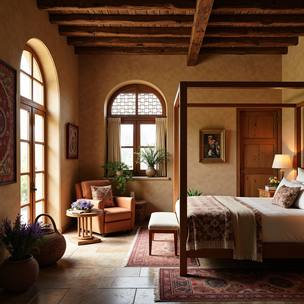 Prompt: Cozy Mediterranean bedroom, warm beige walls, rustic wooden furniture, distressed finishes, ornate carvings, plush velvet upholstery, soft golden lighting, Moroccan-inspired tapestries, woven wicker baskets, fragrant lavender bouquets, natural stone floors, arched windows, latticework shutters, delicate lace curtains, inviting reading nook, comfortable oversized armchair, elegant four-poster bed, luxurious silk bedding, warm terracotta tones, vintage decorative accents, soft focus, shallow depth of field, 1/2 composition, intimate atmosphere.