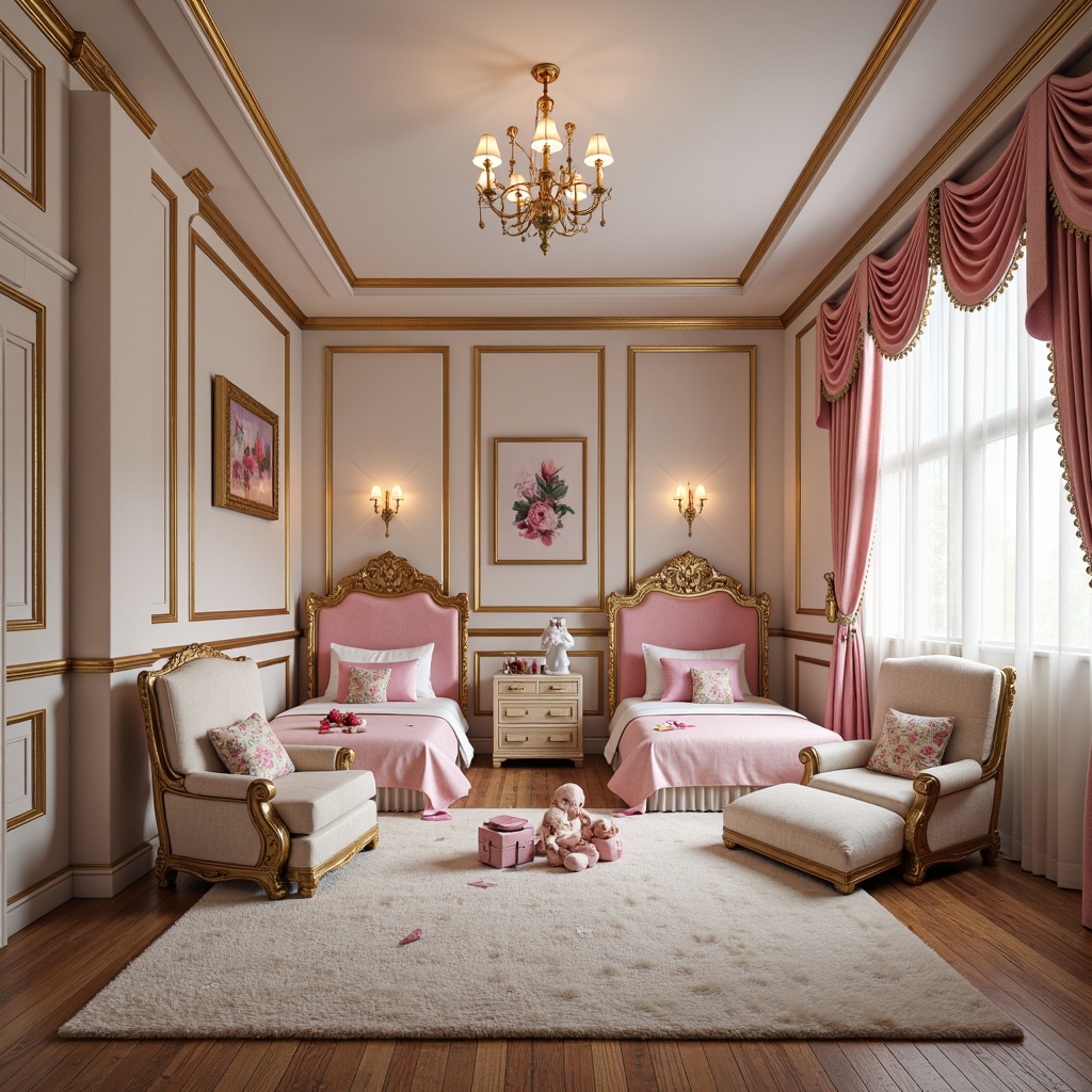 Prompt: Whimsical kid's room, soft pastel colors, ornate gold accents, curved rococo furniture, plush velvet upholstery, delicate lace curtains, crystal chandeliers, intricately carved wooden panels, luxurious silk fabrics, playful toy collections, vibrant color schemes, regal throne-inspired chairs, majestic four-poster beds, fluffy area rugs, warm cozy lighting, shallow depth of field, 1/2 composition, realistic textures, ambient occlusion.