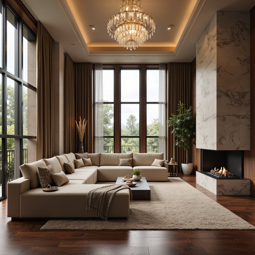 Prompt: Luxurious living room, rich wood flooring, soft plush carpeting, velvety smooth walls, elegant crystal chandeliers, comfortable sectional sofas, modern minimalist coffee tables, natural stone fireplaces, floor-to-ceiling windows, drapery with subtle patterns, warm neutral color palette, ambient lighting, 1/1 composition, realistic reflections, soft focus blur.