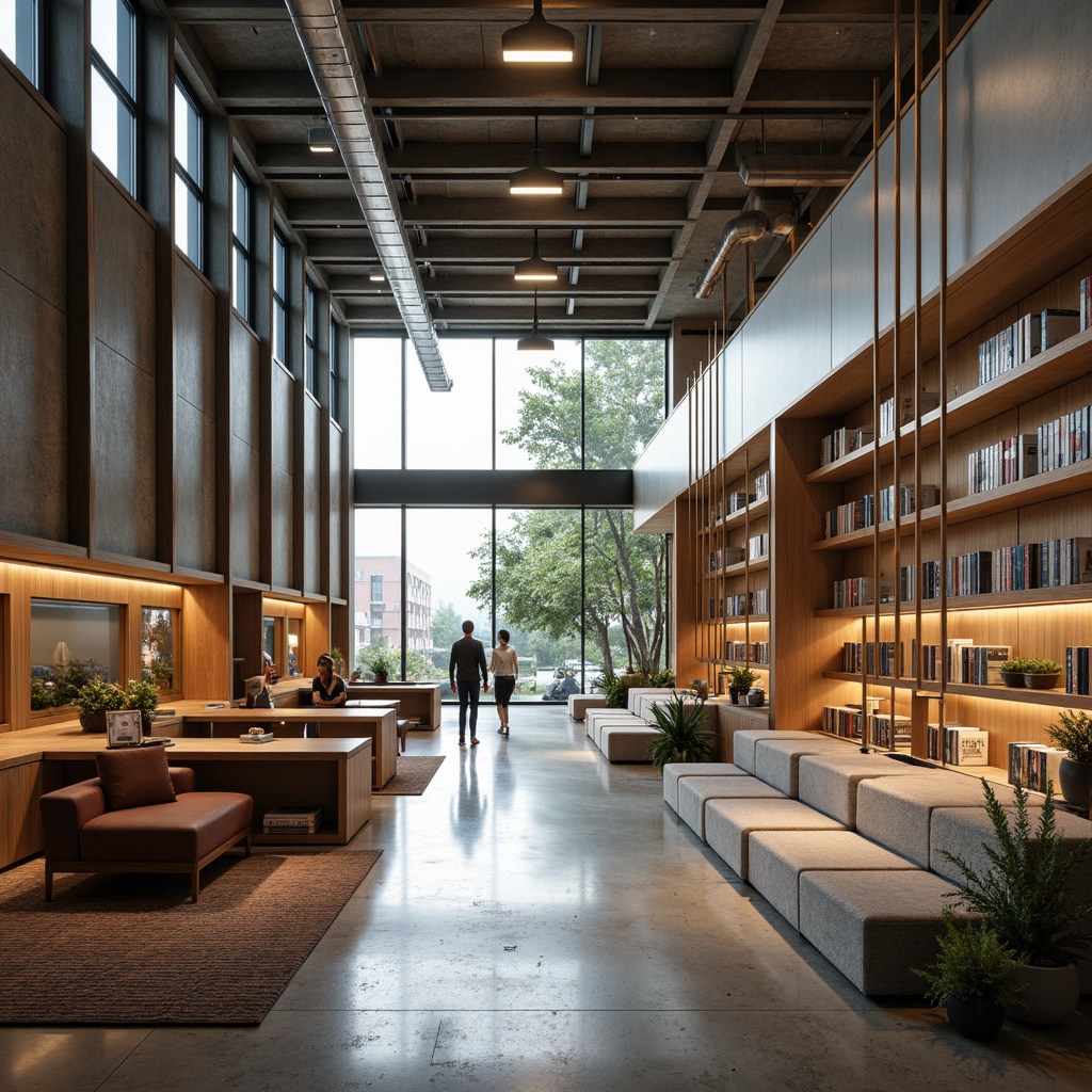 Prompt: Streamlined library interior, minimalist d\u00e9cor, floor-to-ceiling windows, natural light, wooden shelves, metal ladders, industrial chic, exposed ductwork, polished concrete floors, neutral color palette, modernist furniture, geometric patterns, ambient lighting, warm accent walls, textured rugs, built-in benches, acoustic panels, sound-absorbing materials, calm atmosphere, 1/2 composition, shallow depth of field, soft focus, subtle textures.