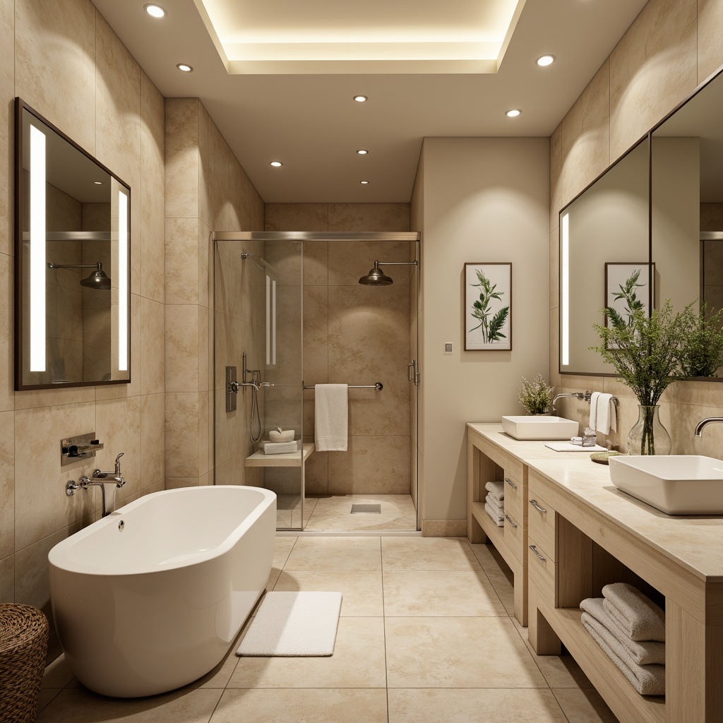 Prompt: Elegant bathroom, creamy marble countertops, soft-close cabinetry, polished chrome fixtures, rain showerhead, freestanding tub, LED ambient lighting, warm beige walls, large format tiles, minimalistic decor, spa-inspired ambiance, natural stone flooring, frameless mirrors, modern sconces, botanical prints, plush towels, woven baskets, and gentle water flow.