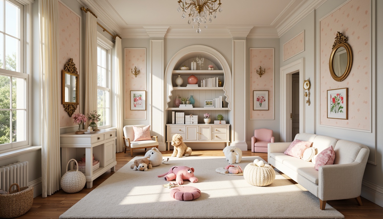 Prompt: Whimsical kids' room, Rococo-inspired furniture, soft pastel hues, creamy whites, warm beiges, pale pinks, baby blues, lavish gold accents, ornate mirrors, intricate carvings, delicate florals, playful polka dots, tufted upholstery, plush carpets, crystal chandeliers, airy drapery, natural light pouring in, gentle warm glow, 1/1 composition, soft focus, inviting textures.