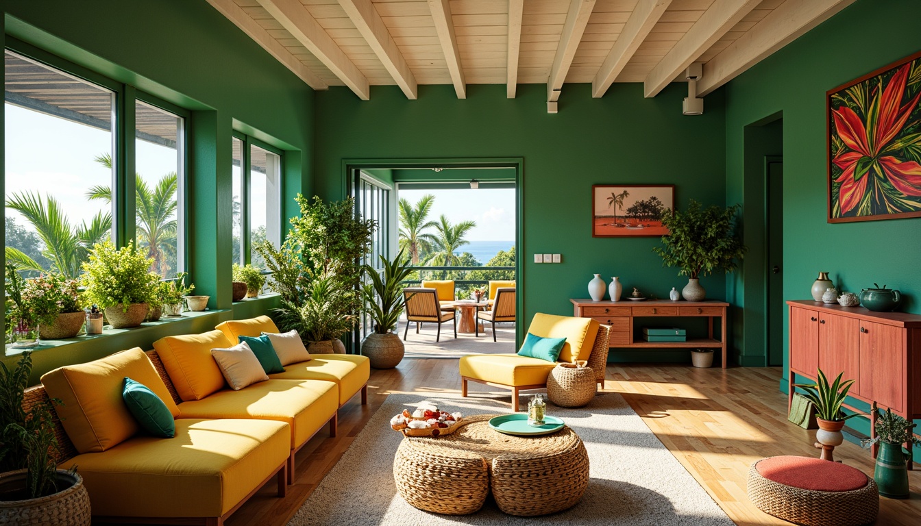 Prompt: Vibrant tropical interior, lush green walls, bright coral accents, sunny yellow furniture, turquoise decorative accessories, natural woven textiles, rattan coffee tables, potted palm trees, exotic floral patterns, warm wooden flooring, creamy white ceilings, soft ocean breeze, relaxed ambiance, 1/2 composition, warm lighting, realistic textures, subtle shadows.