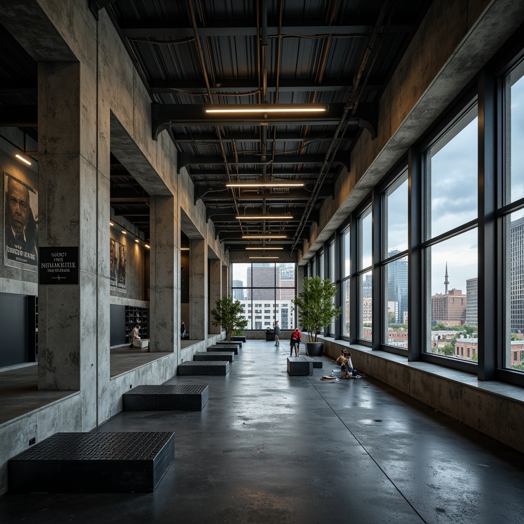 Prompt: Industrial concrete walls, metal beams, minimalist lighting, brutalist architecture, functional training areas, weightlifting platforms, mirrored walls, rubber flooring, industrial-style lockers, urban cityscape views, dark atmospheric colors, high ceilings, open spaces, brutalist-inspired artwork, motivational quotes, dynamic camera angles, shallow depth of field, 2/3 composition, dramatic shadows, realistic textures, ambient occlusion.