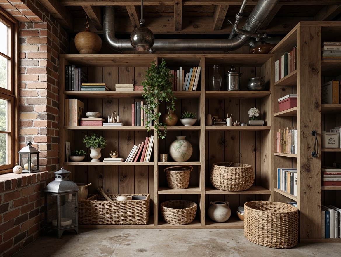 Prompt: Rustic storage room, distressed wooden shelves, eclectic decorative accents, vintage metal lanterns, woven wicker baskets, earthy tone color palette, reclaimed wood textures, ornate metal hardware, industrial-style pipes, exposed brick walls, cozy reading nooks, warm soft lighting, shallow depth of field, 1/1 composition, realistic shadows, ambient occlusion.