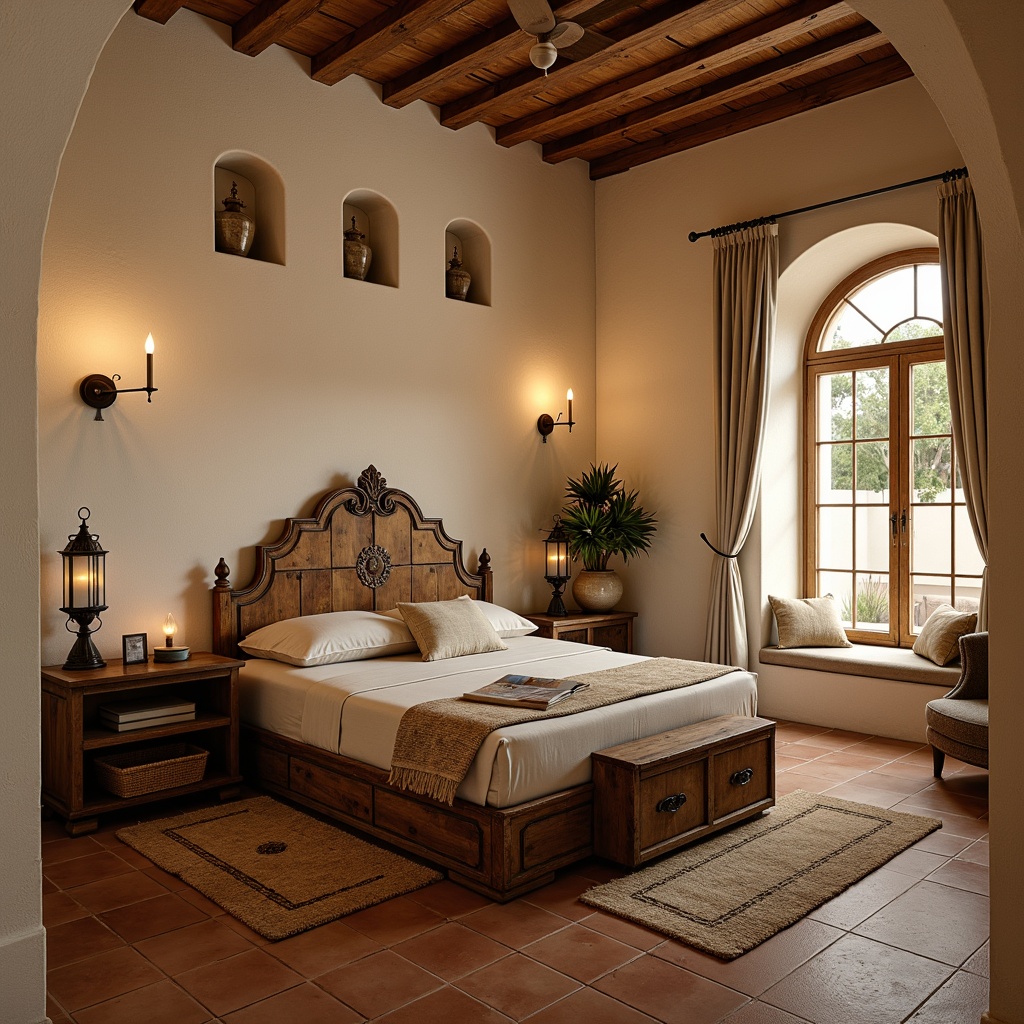 Prompt: Warm Mediterranean bedroom, soft beige walls, textured stucco finish, natural stone accents, ornate wooden furniture, distressed wood headboard, plush area rug, warm terracotta flooring, decorative ceramic tiles, rustic metal lanterns, earthy color palette, subtle arches, cozy reading nook, warm ambient lighting, shallow depth of field, 1/2 composition, intimate atmosphere, realistic textures, soft focus.