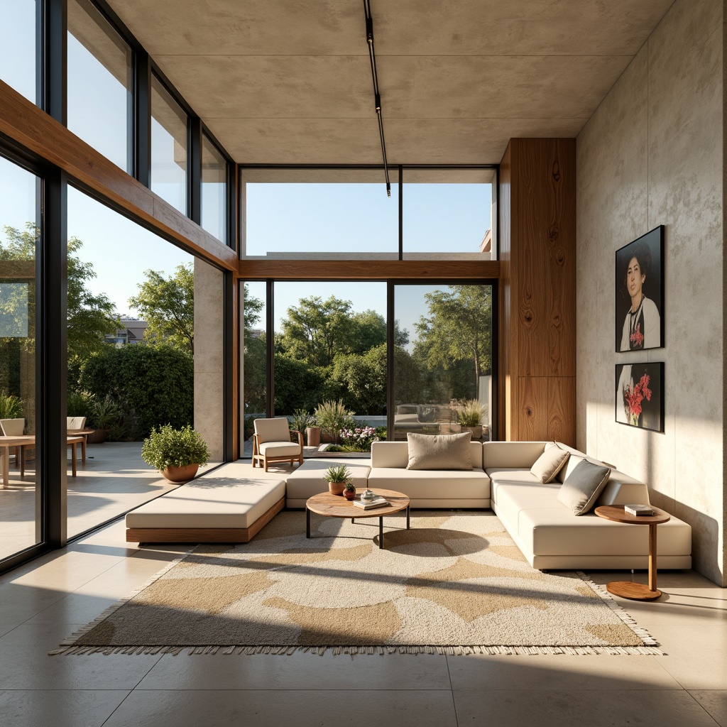 Prompt: Villa Bauhaus interior, minimalist decor, large windows, sliding glass doors, natural light pouring in, bright airy atmosphere, sleek modern furniture, low-profile sofas, geometric-patterned rugs, abstract artwork, industrial-style lighting fixtures, polished concrete floors, wooden accent walls, lush greenery, potted plants, warm beige color scheme, soft gentle shadows, 1/1 composition, realistic textures, subtle ambient occlusion.