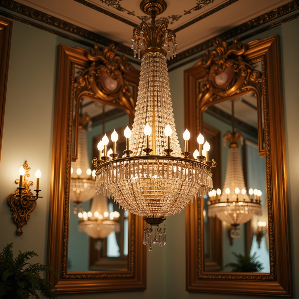 Prompt: Ornate chandeliers, crystal droplets, golden metalwork, delicate filigree patterns, soft warm glow, candelabra sconces, intricately carved wooden fixtures, frosted glass shades, beaded fringe details, lavish draping, velvet fabrics, pastel color palette, highly ornate mirrors, gilded frames, luxurious ambiance, dramatic vertical emphasis, 1/2 composition, shallow depth of field, warm golden lighting, realistic reflections.