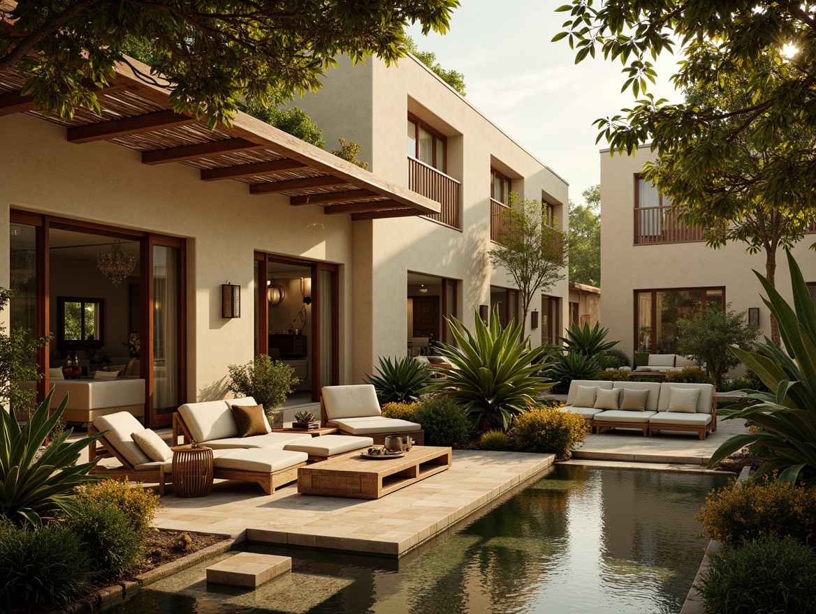 Prompt: Lush tropical foliage, warm golden lighting, rustic wooden accents, natural woven textiles, earthy color palette, exotic plants, vibrant floral patterns, open-air courtyards, large windows, sliding glass doors, clerestory windows, soft diffused light, warm beige stucco walls, rattan furniture, wicker decor, tropical hardwood floors, natural stone pathways, serene water features, misty morning atmosphere, 1/1 composition, soft focus effect, warm color grading.