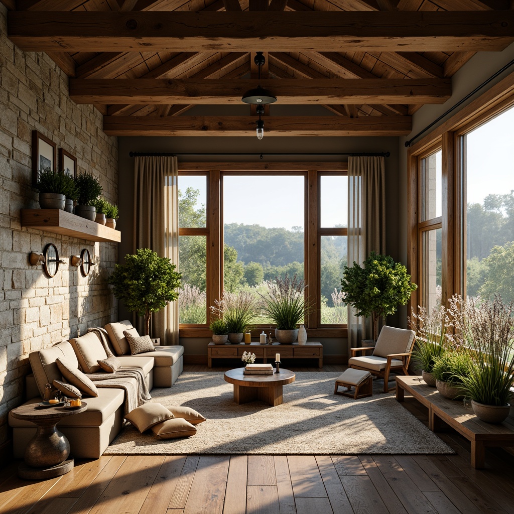 Prompt: Rustic farmhouse, wooden accents, reclaimed barn wood, natural stone walls, earthy color palette, lush greenery, wildflowers, vintage metal decorations, distressed finishes, cozy reading nooks, plush throw blankets, warm candlelight, soft morning light, shallow depth of field, 3/4 composition, panoramic view, realistic textures, ambient occlusion.