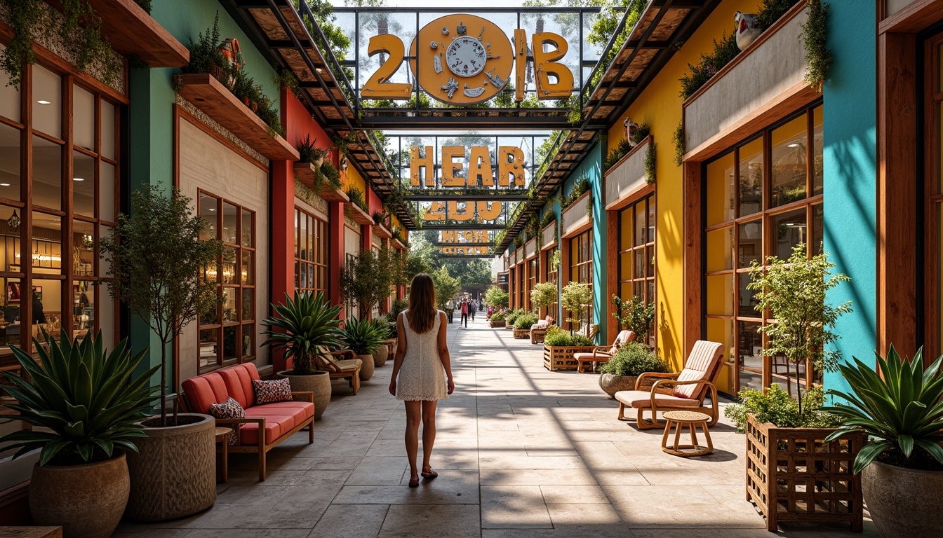 Prompt: Vibrant eclectic shopping center, bold bright colors, playful patterns, mixed textures, distressed wood accents, industrial metal frames, vintage signage, ornate details, lush greenery, eclectic art pieces, bohemian-inspired furnishings, global cultural influences, warm golden lighting, shallow depth of field, 1/2 composition, realistic renderings, ambient occlusion.