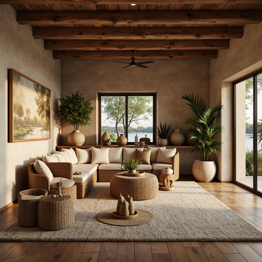 Prompt: Cozy villa interior, earthy tone palette, natural stone walls, reclaimed wood flooring, plush area rugs, woven wicker furniture, soft beige upholstery, organic-shaped decor, potted greenery, floor-to-ceiling windows, warm ambient lighting, rustic wooden beams, earth-toned ceramics, nature-inspired artwork, calming atmosphere, 1/1 composition, shallow depth of field, realistic textures.