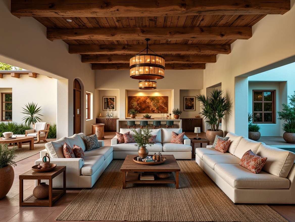 Prompt: Southwestern family room, warm earthy tones, vibrant turquoise accents, plush sectional sofas, woven baskets, natural fiber rugs, geometric patterned throw pillows, rustic wooden coffee tables, pendant lanterns, terracotta vases, succulent plants, stucco walls, wooden ceiling beams, cozy reading nooks, soft warm lighting, shallow depth of field, 3/4 composition, realistic textures, ambient occlusion.