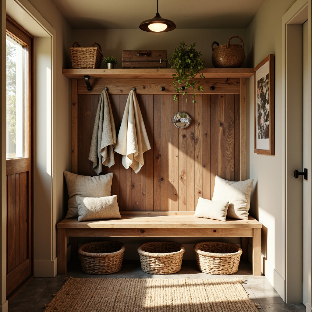 Prompt: Cozy mudroom, rustic wooden bench, woven baskets, natural fiber rugs, earthy tones, warm beige walls, rich brown accents, soft cream trim, distressed wood shelves, vintage metal hooks, industrial-style lighting, reclaimed wood decor, natural stone flooring, plush throw blankets, sunny afternoon, warm golden lighting, shallow depth of field, 1/2 composition, realistic textures, ambient occlusion.