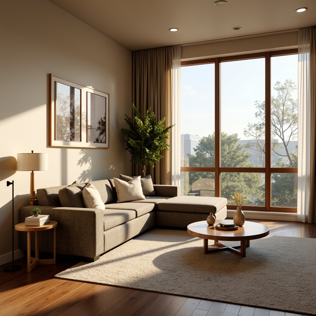 Prompt: Cozy living room, warm beige walls, plush area rug, comfortable couch, modern coffee table, floor lamps, soft diffused lighting, pendant lights, chrome fixtures, natural wood accents, large windows, sheer curtains, bright sunny day, subtle shadows, 3/4 composition, realistic textures, ambient occlusion.