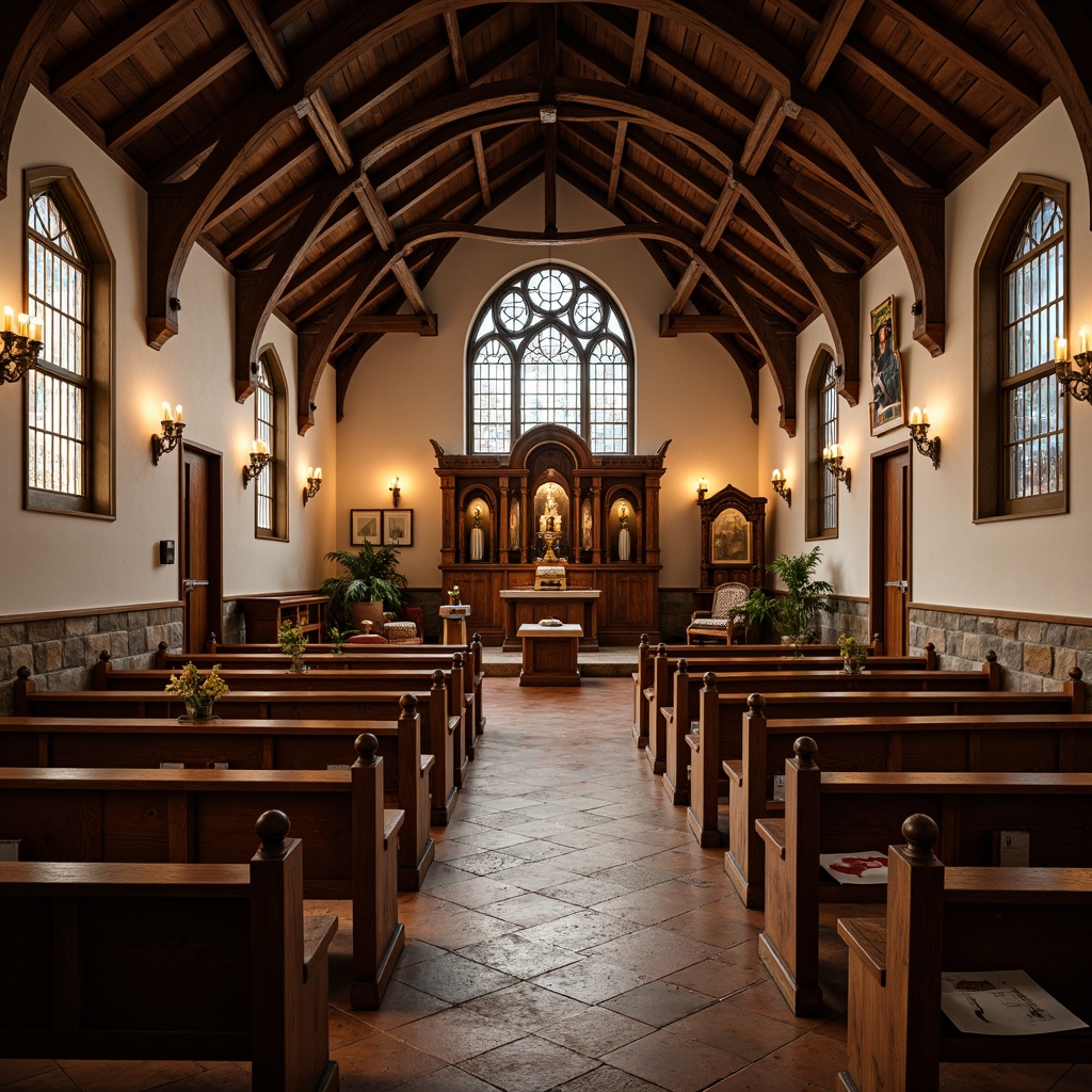 Prompt: Rustic wooden pews, ornate pulpit, stained glass windows, vaulted ceilings, wooden beams, hand-carved decorations, natural stone walls, warm candlelight, soft ambient lighting, shallow depth of field, 1/1 composition, symmetrical framing, warm earthy tones, rich textures, intricate wood grain patterns, traditional craftsmanship, nostalgic atmosphere, serene worship space.