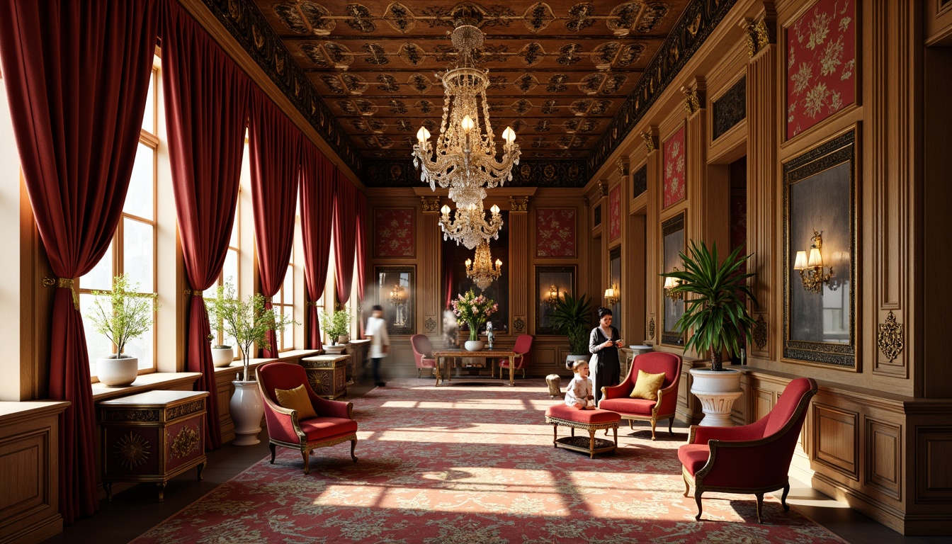 Prompt: Opulent velvet drapes, intricately patterned silk fabrics, richly embroidered tapestries, gilded wooden furniture, ornate mirrors, crystal chandeliers, grandiose architecture, lavish decorations, golden accents, soft warm lighting, shallow depth of field, 1/1 composition, realistic textures, ambient occlusion, luxurious atmosphere, regal ambiance, historic references, European Renaissance influences, majestic proportions, curved lines, decorative motifs, subtle color palette.