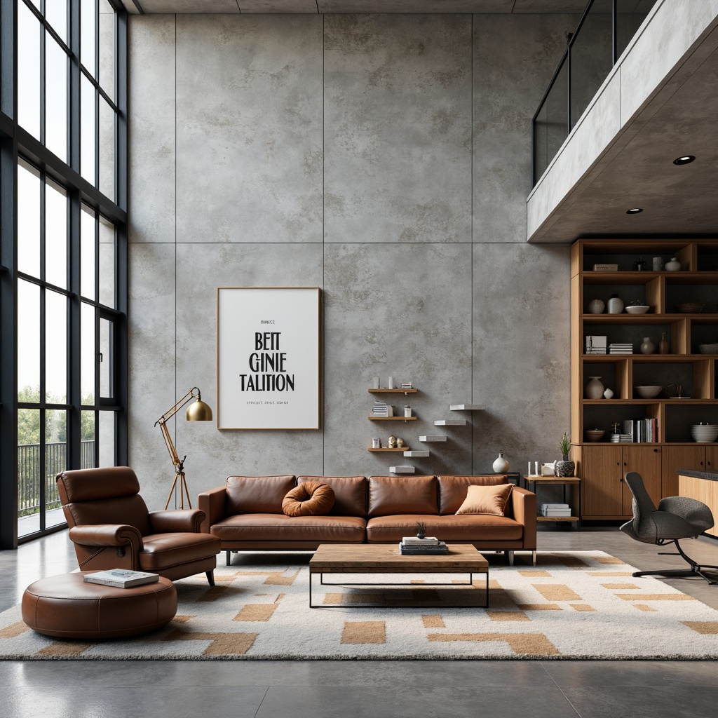 Prompt: Minimalist living room, sleek leather sofa, geometric-patterned rug, polished chrome coffee table, functional wooden shelves, industrial metal lamps, monochromatic color scheme, natural light pouring through floor-to-ceiling windows, concrete floors, brutalist architecture, modernist decor, bold typography, abstract artwork, functional storage units, ergonomic chair design, tubular steel frames, cantilevered stairs, open-plan layout, airy atmosphere, soft warm lighting, shallow depth of field, 3/4 composition, realistic textures, ambient occlusion.