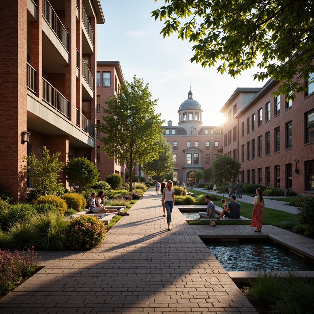 Prompt: Vibrant campus scene, eclectic architectural mix, warm golden lighting, ornate lanterns, modern streetlights, whimsical string lights, rustic metal fixtures, colorful glass shades, dramatic spotlights, warm ambient glow, softbox lighting, afternoon sunbeams, dappled shade, lush greenery, blooming flowers, winding walkways, historic brick buildings, modernist concrete structures, playful water features, lively student activities, dynamic shadows, high contrast ratio, 1/2 composition, atmospheric perspective.