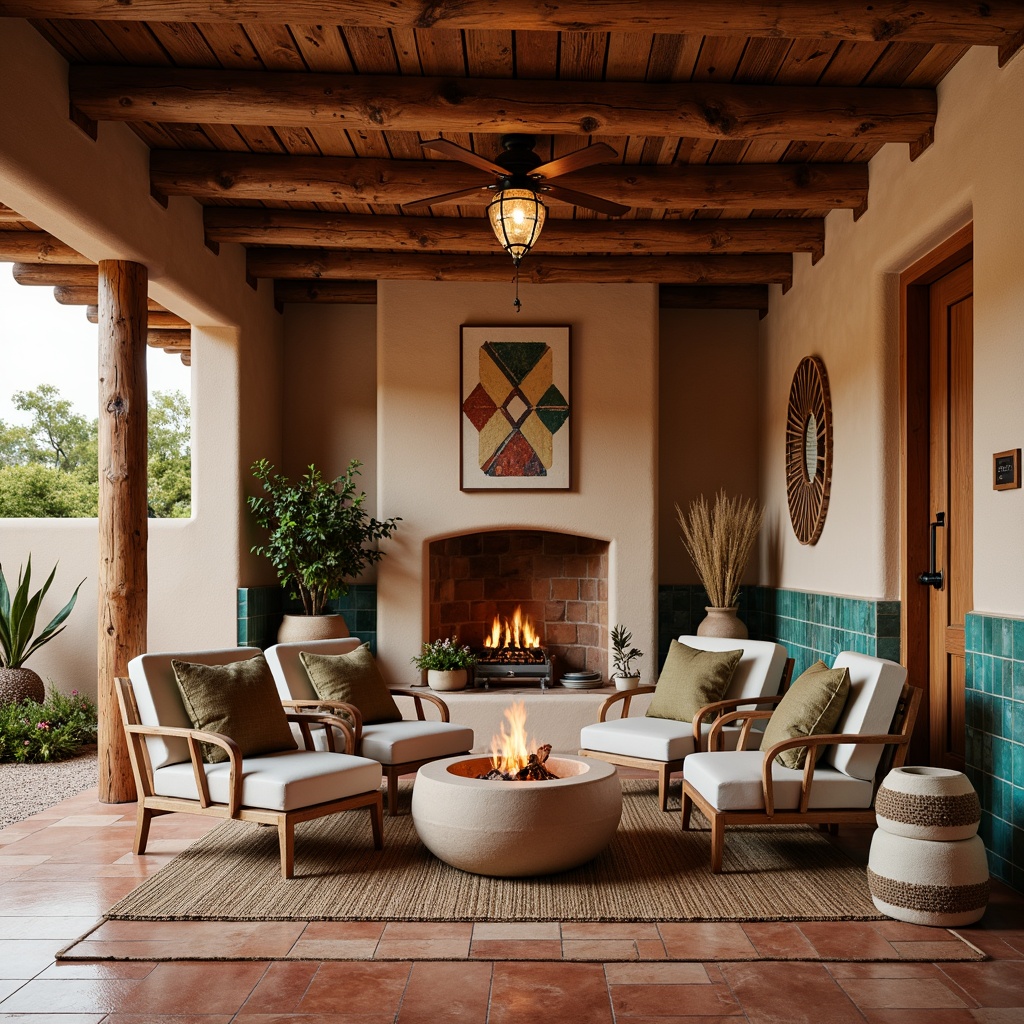 Prompt: \Southwestern-style hospitality interior, warm terracotta flooring, rustic wooden accents, vibrant turquoise tiles, natural stone walls, earthy color palette, cozy fire pit, plush textiles, woven baskets, desert-inspired patterns, abstract geometric motifs, ambient warm lighting, shallow depth of field, 1/2 composition, realistic textures, soft focus effect.\Please let me know if this meets your requirements or if I need to make any adjustments!