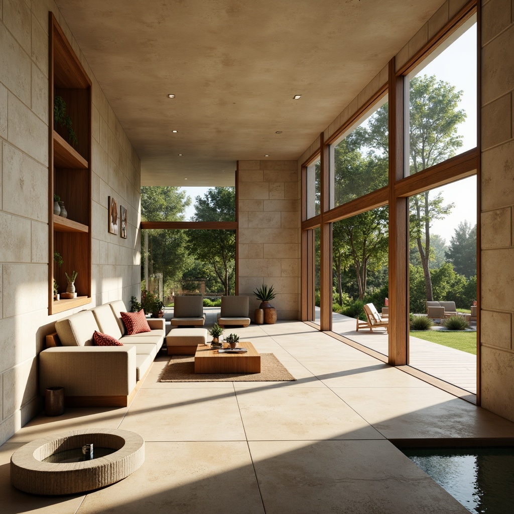 Prompt: Villa Bauhaus interior, large windows, sliding glass doors, natural stone floors, minimalist decor, soft warm lighting, indirect sunlight, cream-colored walls, wooden furniture, geometric patterns, modernist style, cozy reading nook, comfortable seating area, lush greenery views, subtle color palette, 1/1 composition, realistic textures, ambient occlusion.