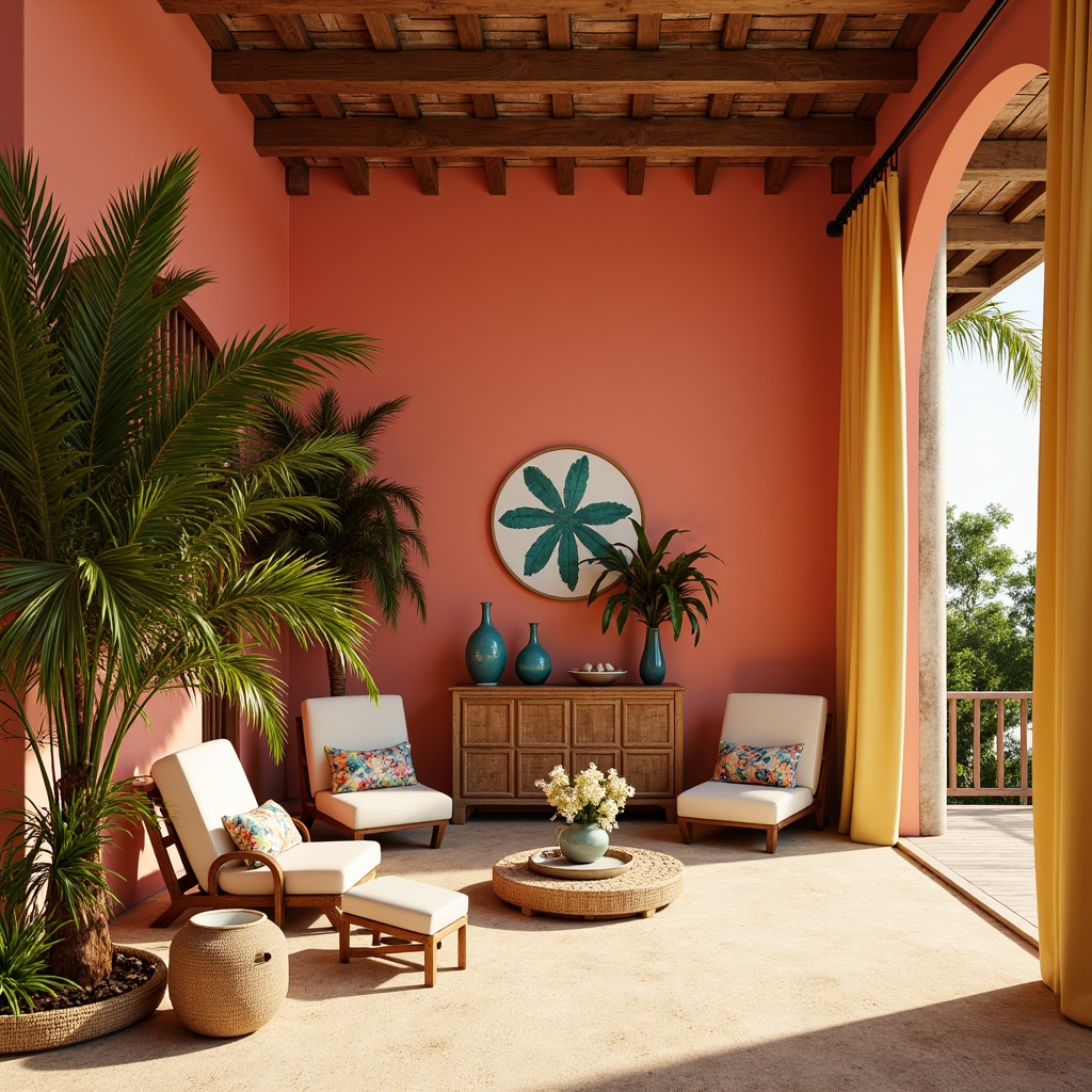 Prompt: Vibrant tropical interior, bright coral walls, warm sandy beige floors, lush green palm trees, exotic floral patterns, rattan furniture, natural wood accents, turquoise glass vases, sunny yellow curtains, ocean-inspired blues, creamy whites, soft pink hues, warm golden lighting, 3/4 composition, shallow depth of field, realistic textures, ambient occlusion.