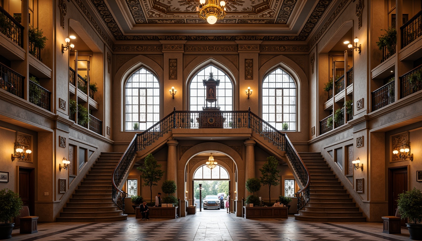 Prompt: Grand courthouse facade, eclectic architectural style, ornate stone carvings, decorative metalwork, stained glass windows, intricate clock tower, rusticated columns, arched entranceways, grand staircases, rich wood paneling, patterned floor tiles, ornamental plaster ceilings, dramatic chandeliers, warm golden lighting, shallow depth of field, 1/1 composition, realistic textures, ambient occlusion.