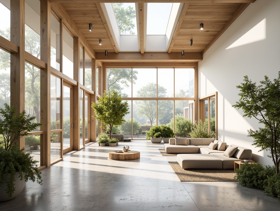 Prompt: Minimalist interior, large windows, clerestory windows, skylights, natural light pouring in, bright airy atmosphere, creamy white walls, polished concrete floors, sleek low-profile furniture, greenery accents, potted plants, wooden decor, industrial chic lighting, metal beams, open-plan layout, spacious feel, soft warm glow, 1/1 composition, shallow depth of field, realistic textures, ambient occlusion.