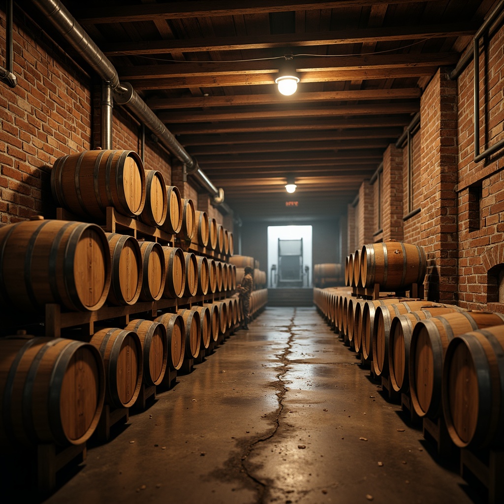 Prompt: Rustic wooden barrels, dimly lit atmosphere, exposed brick walls, metal wine racks, polished concrete floors, vintage industrial equipment, distressed wooden beams, earthy tones, rich aromas, ambient warm lighting, shallow depth of field, 3/4 composition, panoramic view, realistic textures, atmospheric misting.