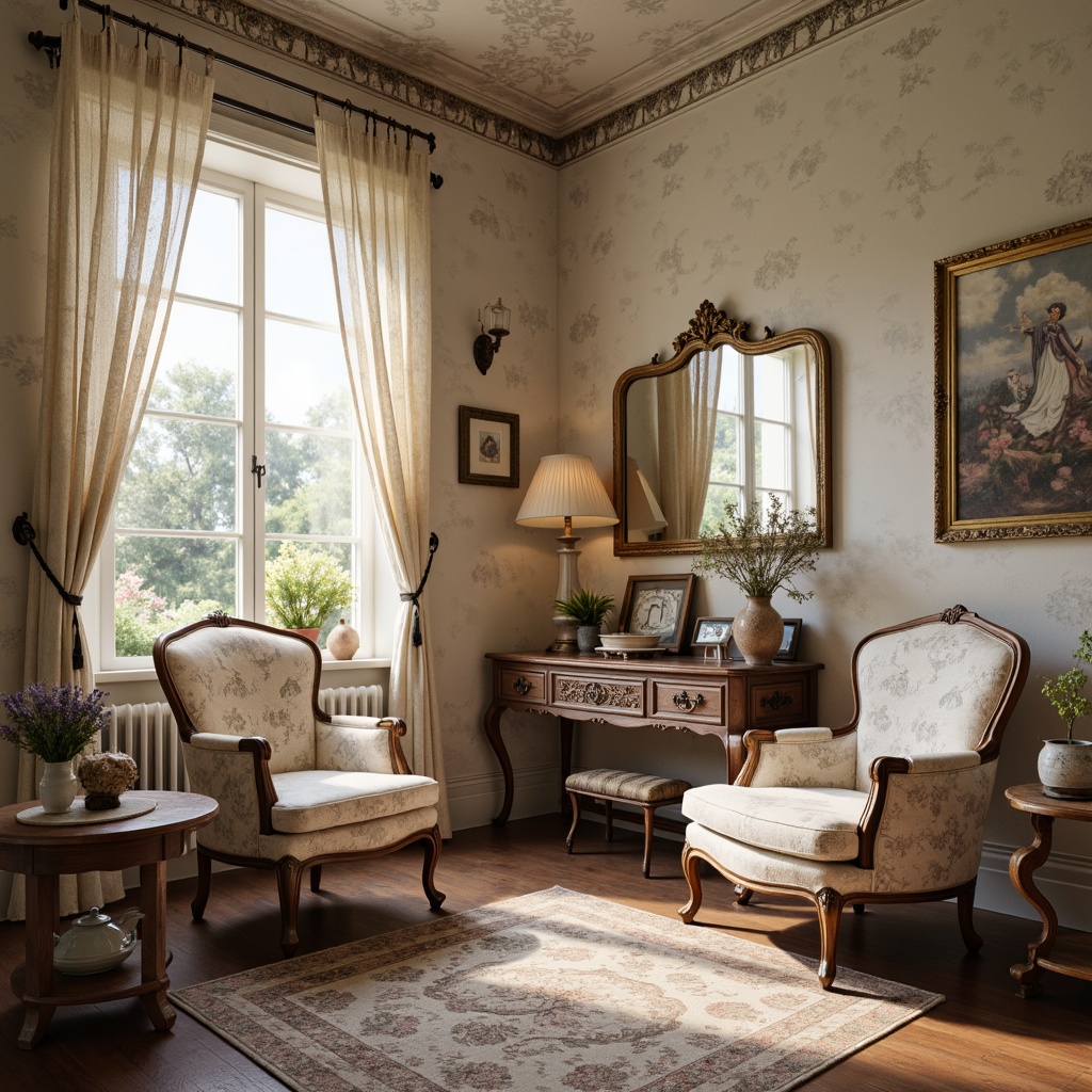 Prompt: Vintage distressed walls, soft pastel hues, warm beige tones, gentle lavender shades, creamy whites, muted gold accents, rusty metal details, distressed wood textures, lace curtains, floral patterns, ornate furniture, delicate china, antique accessories, warm candlelight, shallow depth of field, 1/2 composition, romantic atmosphere, realistic fabrics, subtle wear and tear.