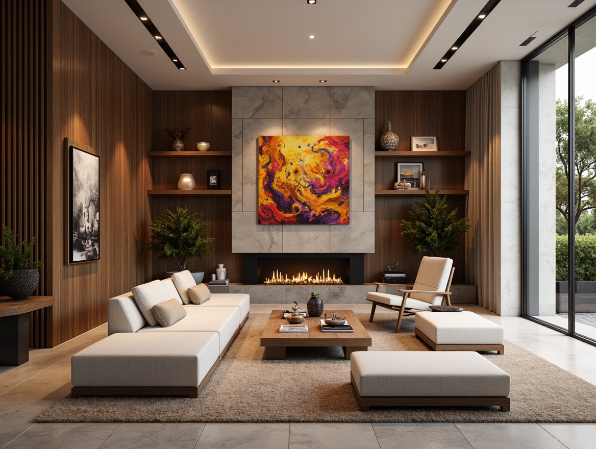 Prompt: Luxurious living room, elegant wall finishes, rich wood paneling, sophisticated stone cladding, sleek metal accents, soft warm lighting, cozy atmosphere, plush furniture, vibrant colorful artwork, modern minimalist decor, floor-to-ceiling windows, natural daylight, shallow depth of field, 1/1 composition, realistic textures, ambient occlusion.