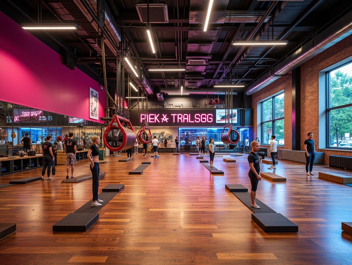 Prompt: Vibrant gymnasium interior, eclectic equipment arrangements, bold color schemes, dynamic lighting setups, suspended boxing rings, neon-lit basketball courts, trendy yoga studios, mirrored walls, polished wooden floors, metallic beams, exposed ductwork, industrial-chic decor, reclaimed wood accents, urban graffiti art, oversized windows, natural light pouring in, shallow depth of field, 1/2 composition, realistic textures, ambient occlusion.