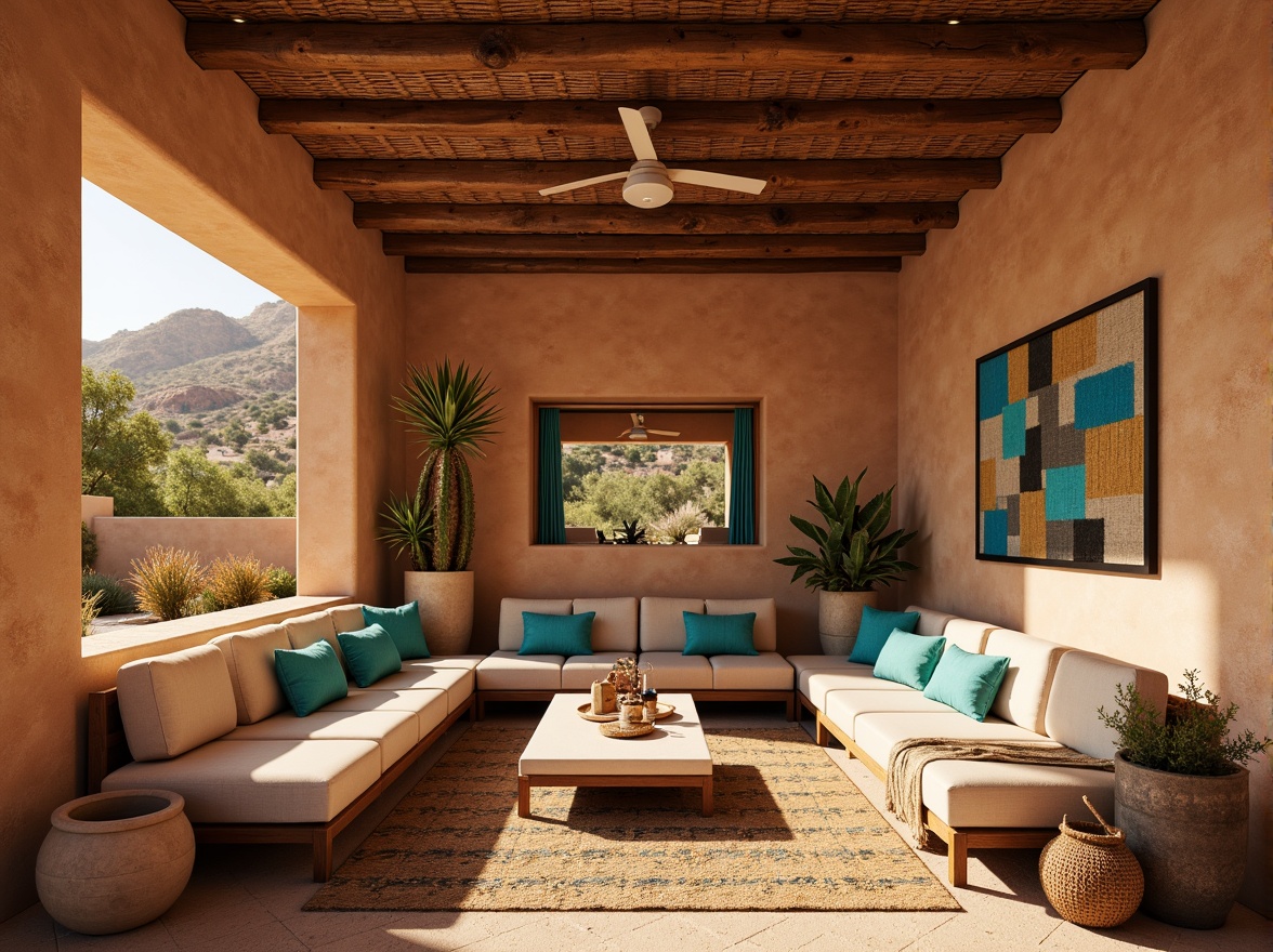 Prompt: Warm adobe architecture, earthy terracotta tones, sandy beige floors, vibrant turquoise accents, rustic wooden beams, natural stone walls, woven textiles, geometric patterns, warm golden lighting, soft ambient glow, 1/2 composition, shallow depth of field, realistic textures, ambient occlusion, cozy seating areas, plush furnishings, native american-inspired decor, desert botanicals, cacti arrangements, sunny afternoon, warm breeze.