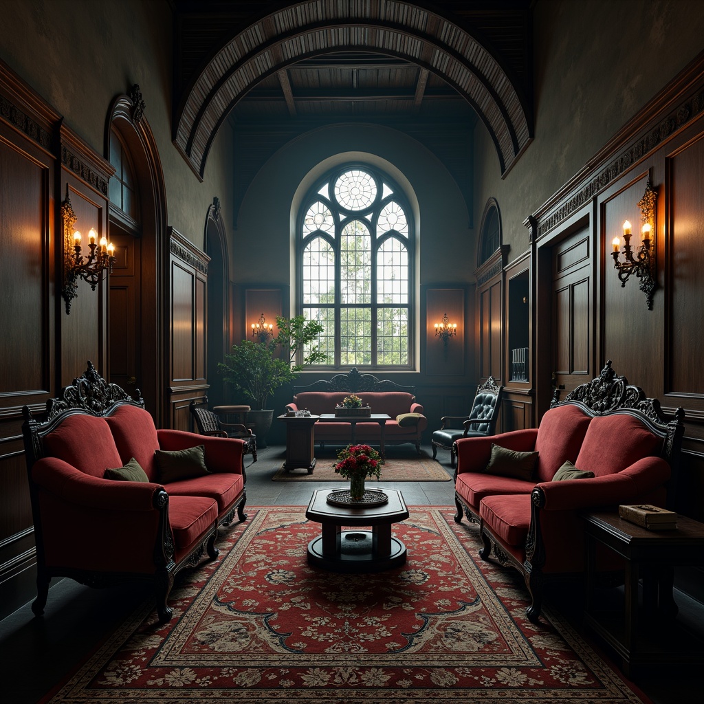 Prompt: Elegant dark wood furniture, ornate carvings, mysterious velvet upholstery, intricately patterned rugs, grandiose chandeliers, stained glass windows, pointed arches, ribbed vaults, mystical symbols, luxurious fabrics, rich jewel tones, dim warm lighting, atmospheric mist, dramatic shadows, 1/2 composition, symmetrical framing, cinematic mood, high-contrast textures.