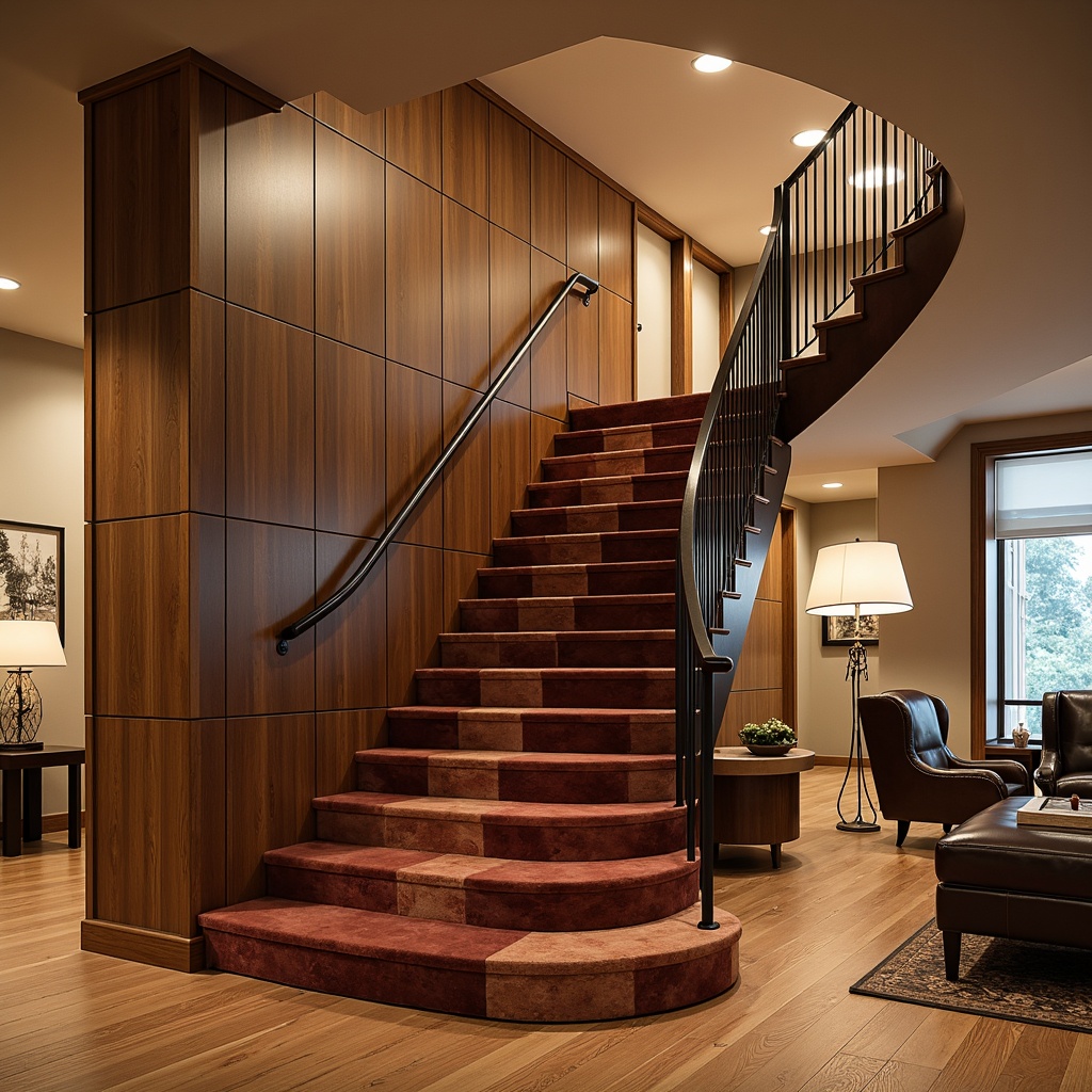 Prompt: Luxurious staircase, rich wood tones, polished metal railings, soft carpeting, plush velvet, durable hardwood floors, sleek glass balusters, modern minimalist design, subtle LED lighting, warm beige walls, cozy atmosphere, inviting landing areas, ornate newel posts, elegant curve lines, premium leather upholstery, sophisticated color schemes.