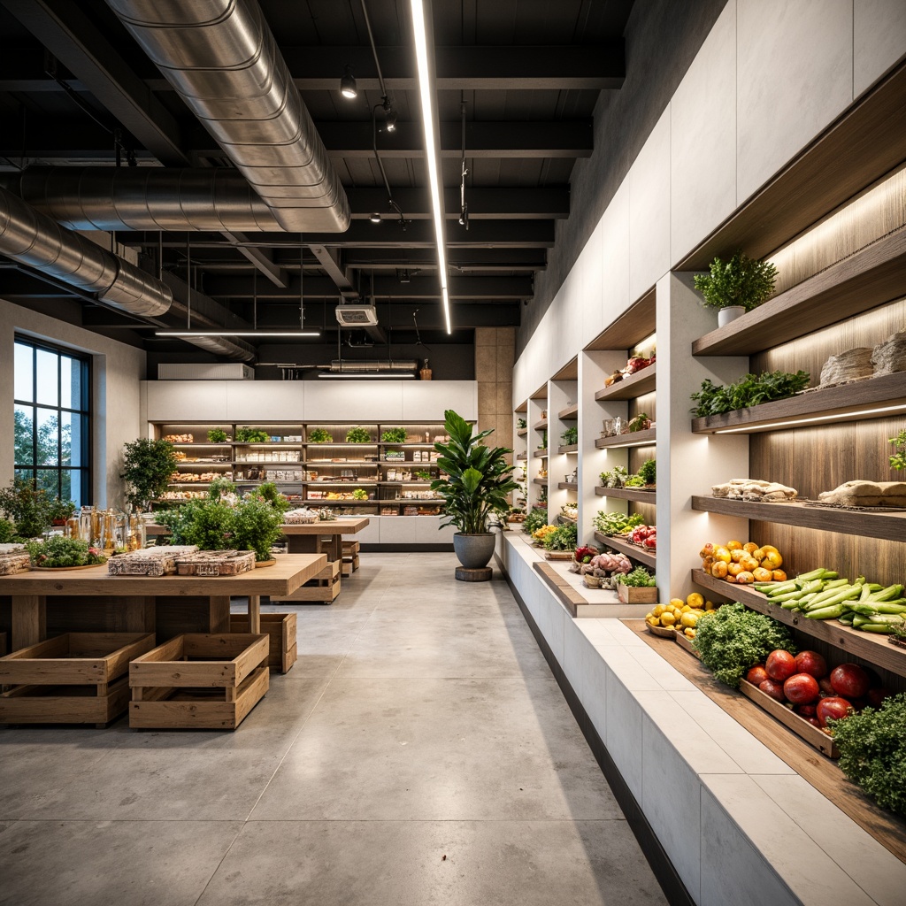 Prompt: Minimalist grocery store interior, sleek linear lighting fixtures, recessed ceiling lights, subtle warm glow, polished chrome accents, matte white shelves, industrial-style metal beams, concrete flooring, natural stone walls, abundance of greenery, potted plants, rustic wooden crates, modern minimalist product displays, Scandinavian-inspired design, airy open spaces, softbox lighting, 1/1 composition, realistic textures, ambient occlusion.