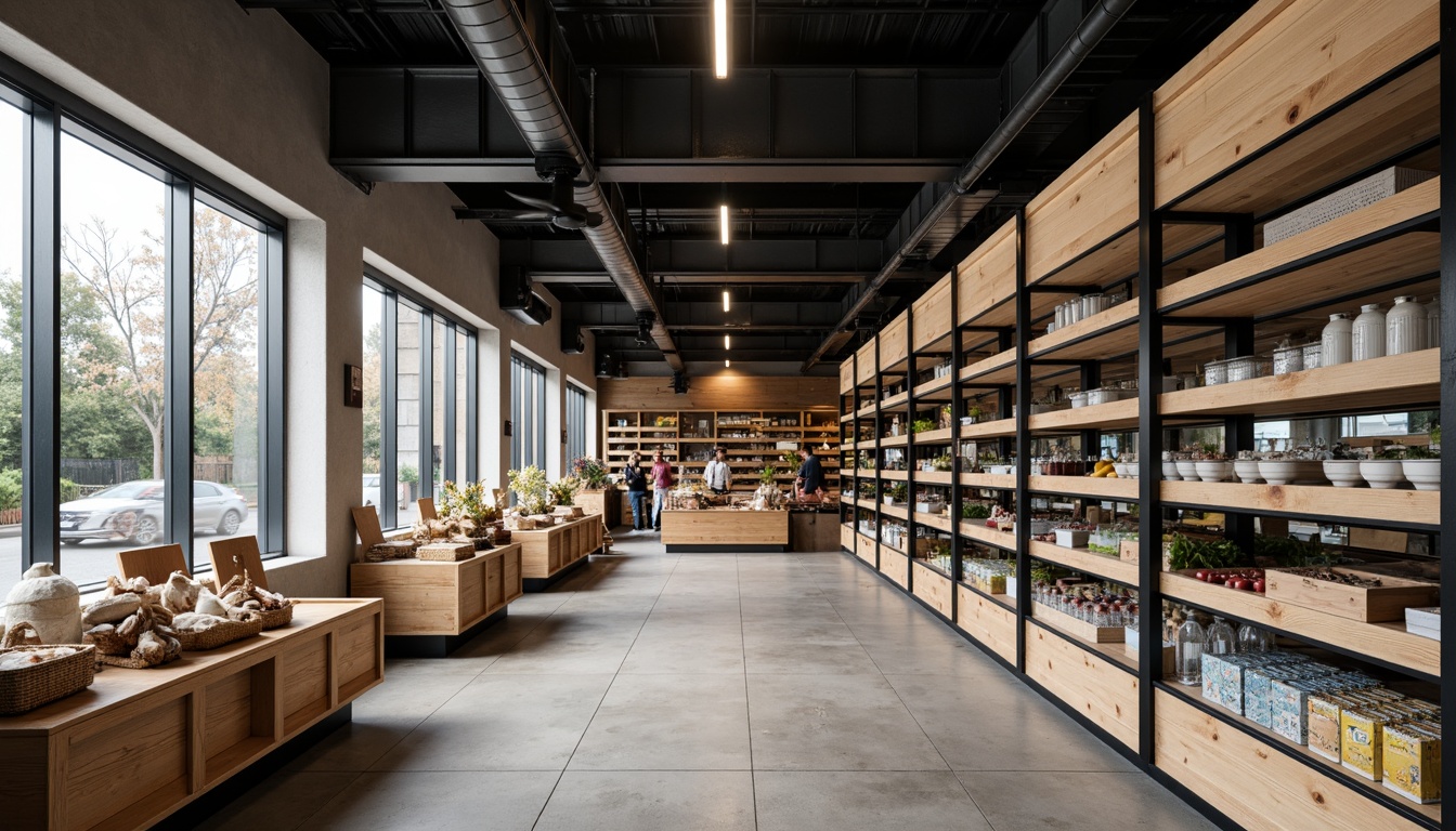 Prompt: Sleek grocery store interior, minimalist decor, polished concrete floors, industrial-style shelving units, matte black metal frames, reclaimed wood accents, neutral color palette, modern LED lighting, cantilevered shelves, geometric-shaped storage bins, transparent glass containers, rustic wooden crates, artisanal food displays, abundant natural light, shallow depth of field, 1/1 composition, softbox lighting, realistic textures, ambient occlusion.