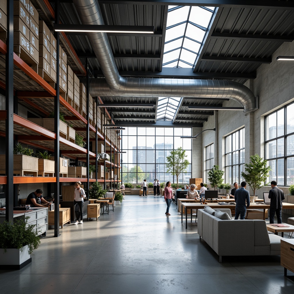 Prompt: Modern distribution center, open layout concept, high ceilings, industrial chic aesthetic, polished concrete floors, exposed ductwork, minimalist decor, sleek metal shelving, LED lighting systems, functional workstations, collaborative spaces, ergonomic furniture, urban loft-inspired atmosphere, natural light pouring in through skylights, 3/4 composition, shallow depth of field, realistic textures, ambient occlusion.