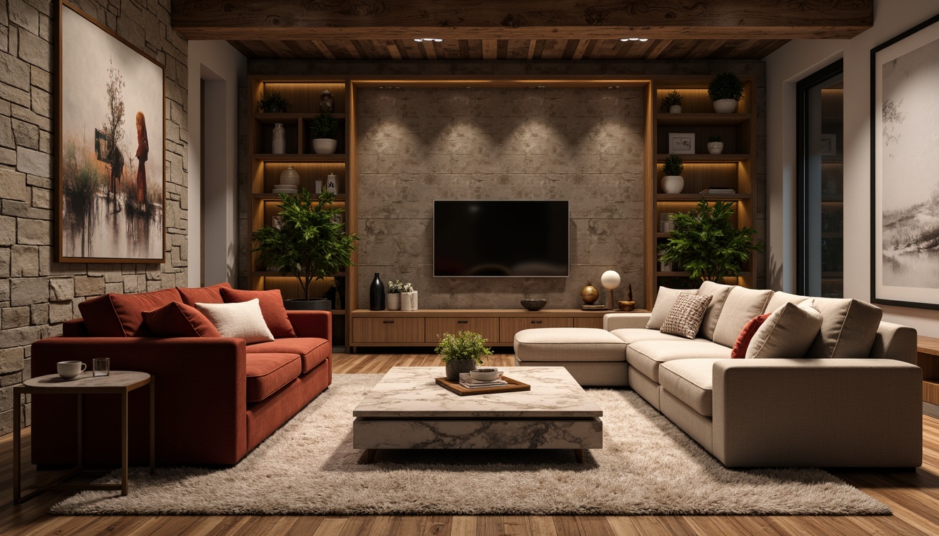 Prompt: Luxurious living room, rich velvet sofas, smooth marble coffee tables, rustic wooden flooring, natural stone feature walls, soft plush area rugs, metallic accents, ambient warm lighting, 3/4 composition, shallow depth of field, realistic textures, cozy atmosphere, comfortable furniture arrangements, elegant decorative accessories, subtle color palette, sophisticated interior design style.