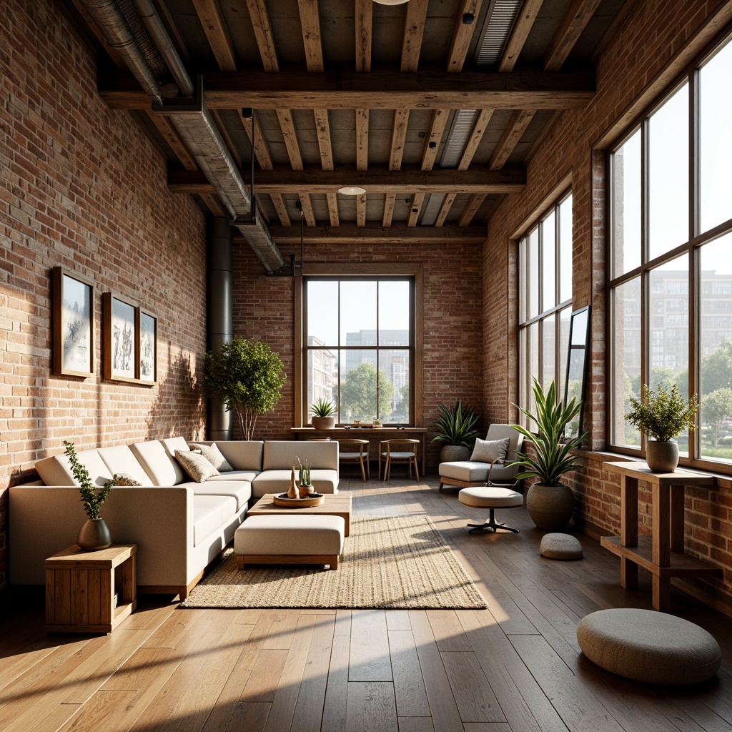 Prompt: Industrial chic loft, exposed brick walls, high ceilings, large windows, metal beams, wooden floors, minimalist decor, natural textiles, earthy color palette, abundant sunlight, soft warm lighting, shallow depth of field, 3/4 composition, panoramic view, realistic textures, ambient occlusion.