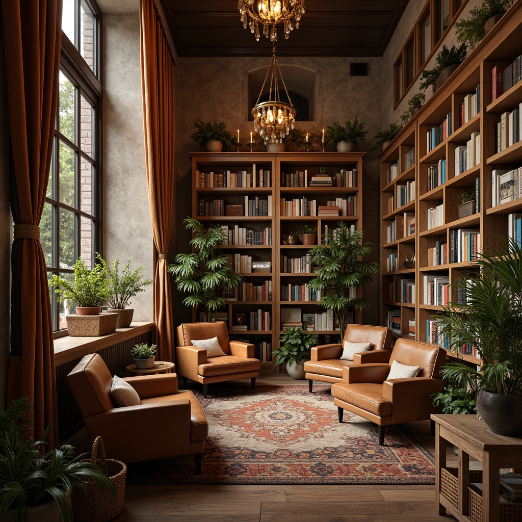 Prompt: Cozy bookstore, vintage wooden shelves, leather-bound classics, soft warm lighting, plush armchairs, rich velvet drapes, elegant chandeliers, distressed stone walls, rustic wood floors, earthy color palette, natural fiber textiles, woven baskets, macrame plant holders, comfortable reading nooks, floor-to-ceiling bookcases, tranquil atmosphere, warm beige tones, gentle candlelight, 1/1 composition, shallow depth of field, realistic textures, ambient occlusion.