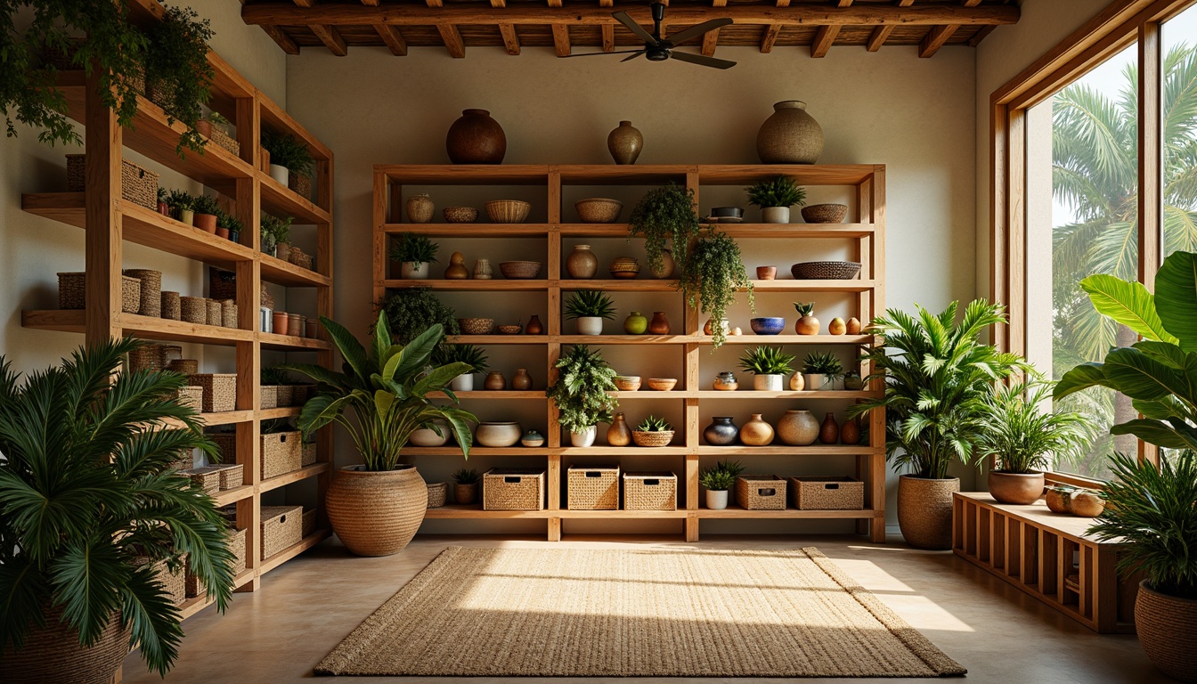 Prompt: Vibrant tropical storage room, natural wood shelving, woven rattan baskets, colorful ceramic vases, exotic plant life, warm beige walls, rustic wooden crates, woven jute rugs, ambient soft lighting, shallow depth of field, 1/1 composition, realistic textures, atmospheric fogging;