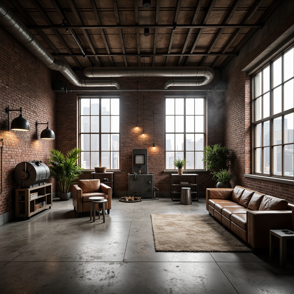 Prompt: Exposed brick walls, metal beams, reclaimed wood accents, industrial-style lighting fixtures, concrete floors, vintage manufacturing equipment, distressed leather sofas, metal stools, minimalist decor, urban loft atmosphere, natural light pouring in through large windows, gritty cityscape views, moody color palette, rustic textures, 1/2 composition, atmospheric misting, realistic material rendering.