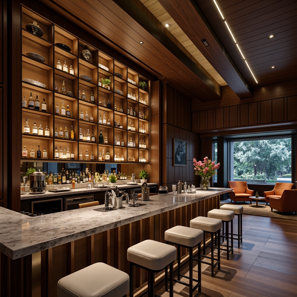 Prompt: Luxurious bar, rich wood tones, polished metal accents, ambient lighting, sleek stools, modern appliances, high-gloss countertop, marble patterns, cool grey undertones, subtle veining, sophisticated ambiance, intimate seating area, dramatic backlighting, 1/1 composition, shallow depth of field, realistic reflections.