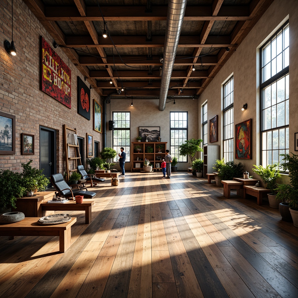 Prompt: Vintage industrial gym, distressed wooden floors, exposed brick walls, metal beams, eclectic fitness equipment, bold color accents, reclaimed wood accents, urban loft atmosphere, natural light pouring in, high ceilings, concrete foundation, rustic-chic decor, dynamic lighting, shallow depth of field, 3/4 composition, realistic textures, ambient occlusion.