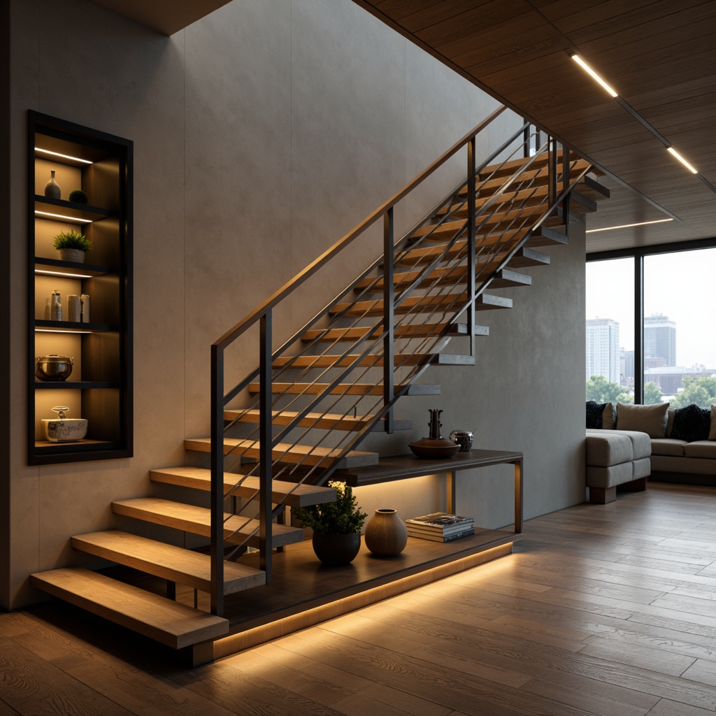 Prompt: Modern staircase, sleek handrails, minimalist design, stainless steel tubing, wooden accents, LED lighting, floating steps, open risers, glass balustrades, chrome finishes, geometric patterns, urban loft atmosphere, industrial chic decor, warm ambient lighting, shallow depth of field, 1/2 composition, realistic reflections, detailed textures.